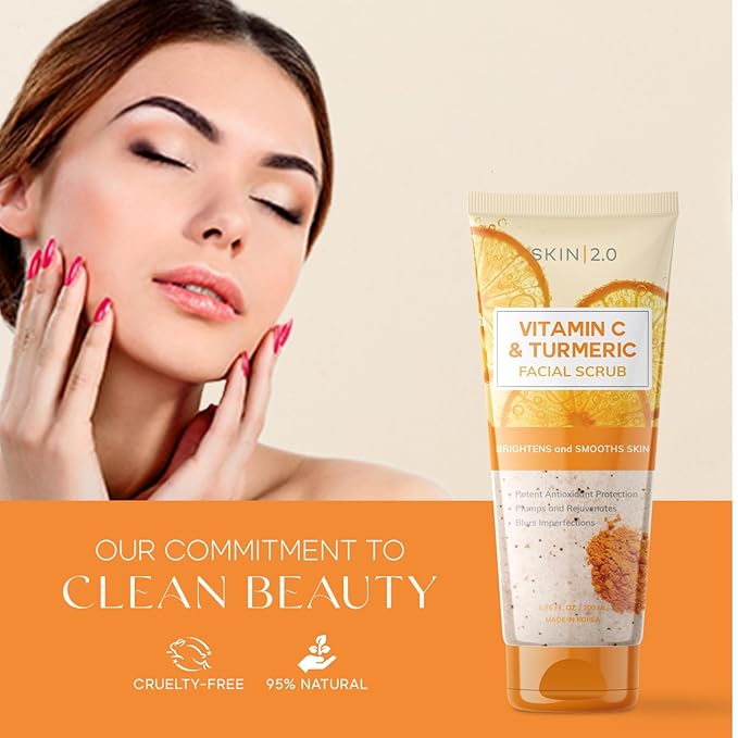 Skin 2.0 Vitamin C & Turmeric Face Scrub - Dermatologist Tested, Exfoliating, Brightening, Hydrating, Anti-Aging, Clean Beauty, Cruelty-Free Korean Skincare, All Skin Types - 6.76 Fl Oz / 200ML