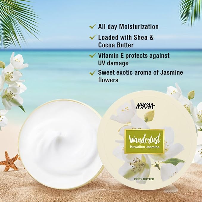 Nykaa Naturals Wanderlust Body Butter - Enriched with Shea, Cocoa Butter, and Almond Oil - Vegan, Cruelty-Free - Hawaiian Jasmine - Vegan - 6.7 oz