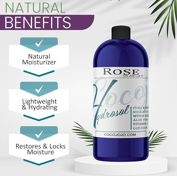 Dr Joe Lab Rose Water Hydrosol, Glycerin, Aloe Vera, Vitamin C & Witch Hazel Mix - Natural, Vegan, Non GMO, Floral, Face, Hair- 32 oz - Hydrating, Cleansing, Toning - Packaging May Vary