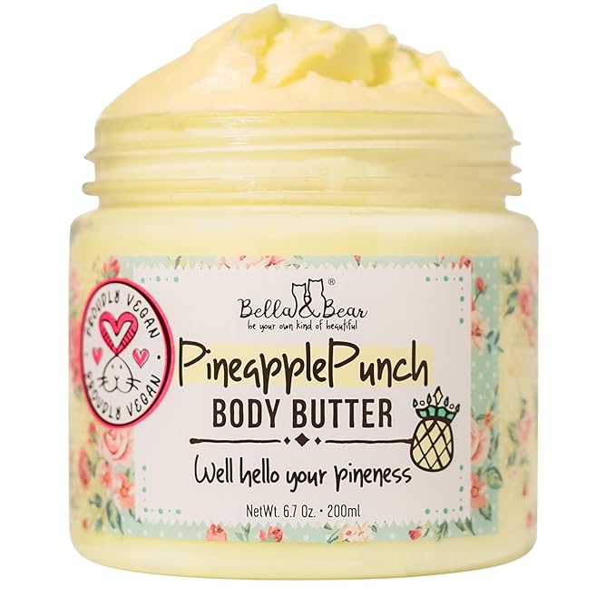 Bella & Bear Pineapple Whipped Body Butter – Vegan Moisturizing Body Cream for Women – Rich Hydrating Skin Butter – Light Tropical Pineapple Scent