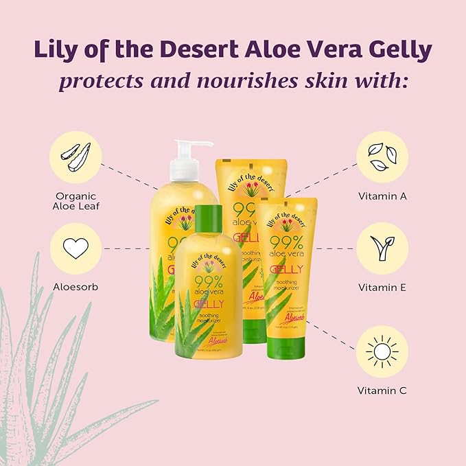 Lily Of The Desert Gelly Moisturizer - 99% Organic Aloe Vera Gel for Skin, After Sun Care with Aloe, Vitamin E Oil, and Vitamin C for Sunburn Relief, 12 Fl Oz (Pack of 2)