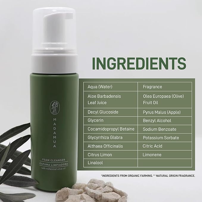 Organic Facial Foam, Gentle Oxygenating Foaming Face Wash for Women | Natural & Hydrating Facial Cleanser for Deep Cleaning | Organic Face Wash for Women | Foaming Travel Millennial Olive Oil Cleanser