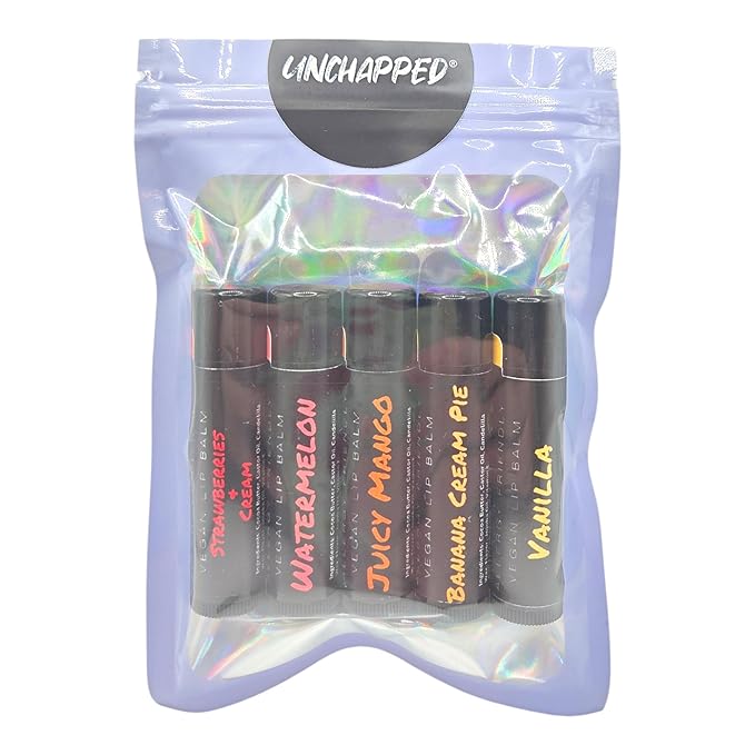 Vegan Lip Balm 5 Pack - All Natural and Free of Beeswax, Soy, Nut, and Top 9 Food Allergens (Vanilla, Banana, Strawberries and Cream, Watermelon, Mango)
