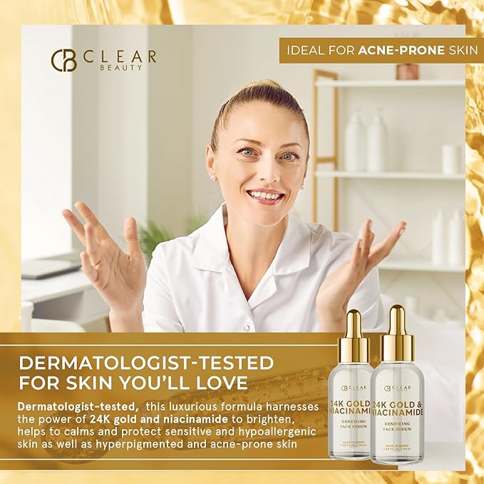 Clear Beauty 24K Gold & Niacinamide Serum For Face - Anti Aging, Firming, Hydration, Tone & Radiance Care - Dermatologist Tested, Korean Skin Care, Vegan Clean Beauty - 1.69 Fl Oz