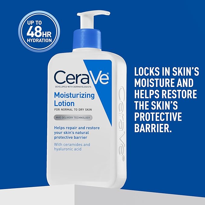 CeraVe Daily Moisturizing Lotion for Dry Skin, Body Lotion & Face Moisturizer with Hyaluronic Acid and Ceramides, Daily Moisturizer, Fragrance Free, Oil-Free, 12 Ounce
