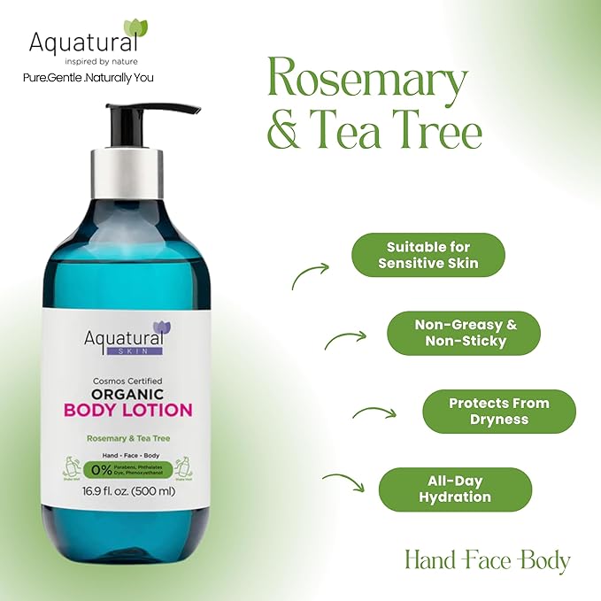 Organic Body Lotion for Women & Men, Cosmos Certified Daily Lotion, Sensitive Skin Lotion, Deep Hydration for Dry, Rough & Sensitive Skin Types, Lightweight, Rosemary Tea Tree 33.8 Fl Oz