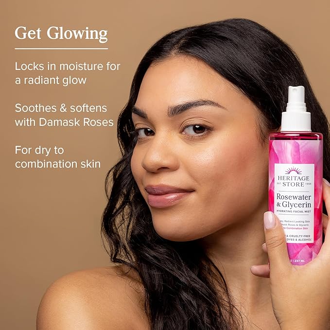 HERITAGE STORE Rosewater & Glycerin Hydrating Facial Mist - Dry Combination Skin Care - Rose Water Spray w/Vegetable Glycerine, Made Without Dyes or Alcohol, Hypoallergenic, 4 Fl Oz