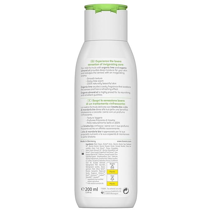 lavera Body Lotion Refreshing - Body Milk with lime & almond oil fragrance - body milk for normal skin - PETA certified - biodegradable - vegan - natural cosmetics - 6.76 fl.oz.