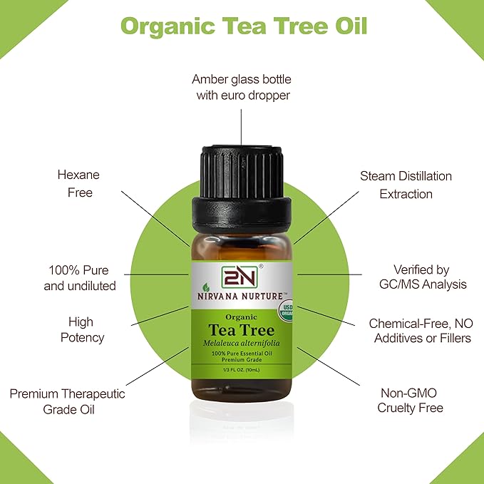 Tea Tree Essential Oil, USDA Certified Organic, 100% Pure Undiluted, Aromatherapy Oil for Diffuser, Hair & Skin Care