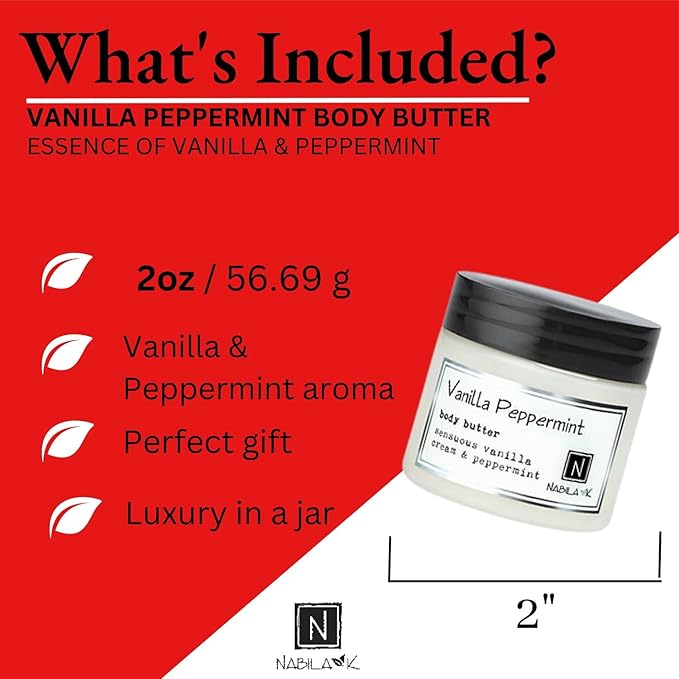 Nabila K Body Butter - Daily Moisturizer for Body Care - Skin Hydrating Deep Moisturizing - Natural Ingredients - Vanilla & Peppermint - 2 oz