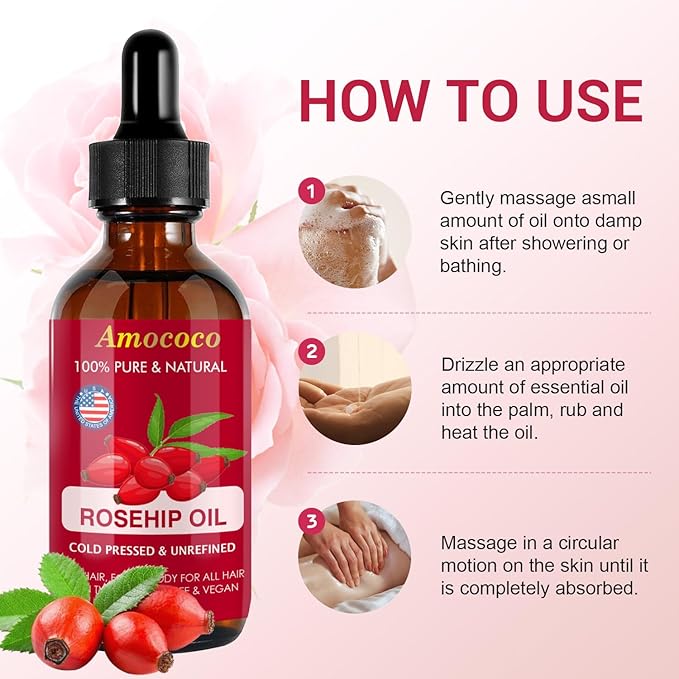 Organic Cold Pressed Rosehip Oil for Face, Natural Rose Hip Seed Oil, Nutrient Rich Facial Serum for Skin Care, Moisturize Dry Skin, 1 Fl Oz (30mL)
