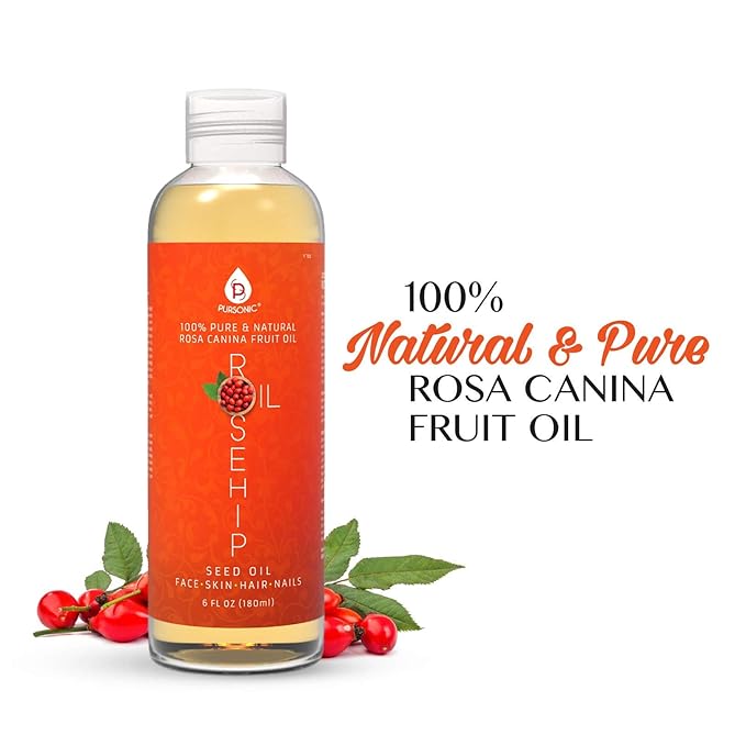 Pursonic 100% Pure Cold-Pressed Rosehip Oil – 6 FL oz Moisturizing Facial Oil for Face, Hair, Skin & Nails,Anti-Aging, Hydrating, Brightening, Scar & Stretch Mark Care - Pack of 1