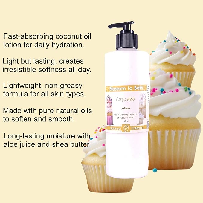 Blossom to Bath Cupcake Lotion (16 ounce) - Natural Fragrance - Absorbs Quickly with a Rich Vanilla Scent