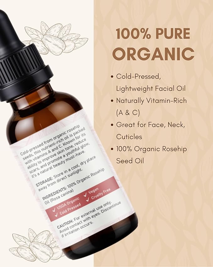 USDA Organic Rosehip Seed Oil - Cold Pressed - Made In USA - Glass Bottle - 2 fl oz (60 ml)