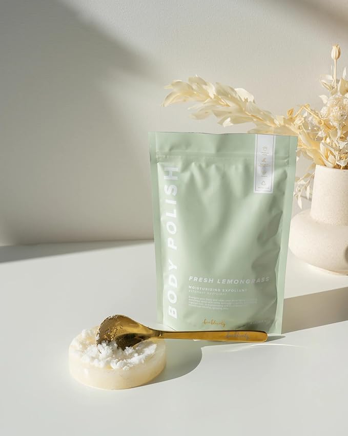 Bonblissity Body Polish, 8oz. - Fresh Lemongrass Scented Body Scrub Exfoliator for Women, Exfoliating Sugar Scrub To Lotion Moisturizer, Gentle Exfoliant for Dry and Sensitive Skin, Handmade in USA