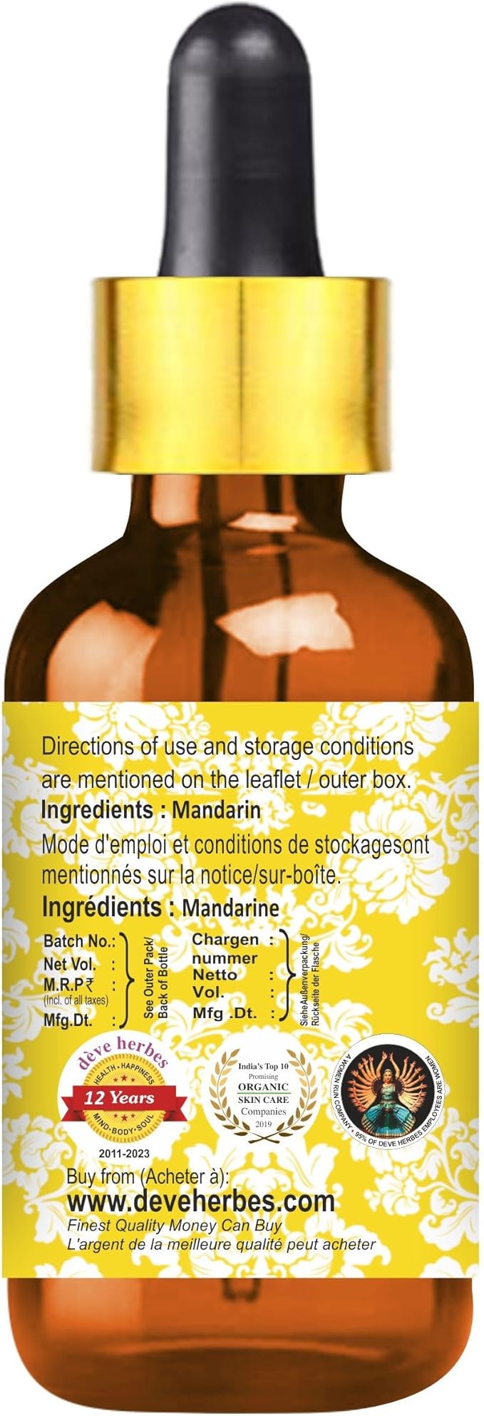 Deve Herbes Pure Mandarin Essential Oil with Glass Dropper 15ml (0.50 oz)