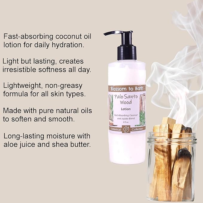 Blossom to Bath Palo Santo Wood Lotion (8 Ounce) - Natural Fragrance - Absorbs Quickly with a Spa Inspired Herbal Scent