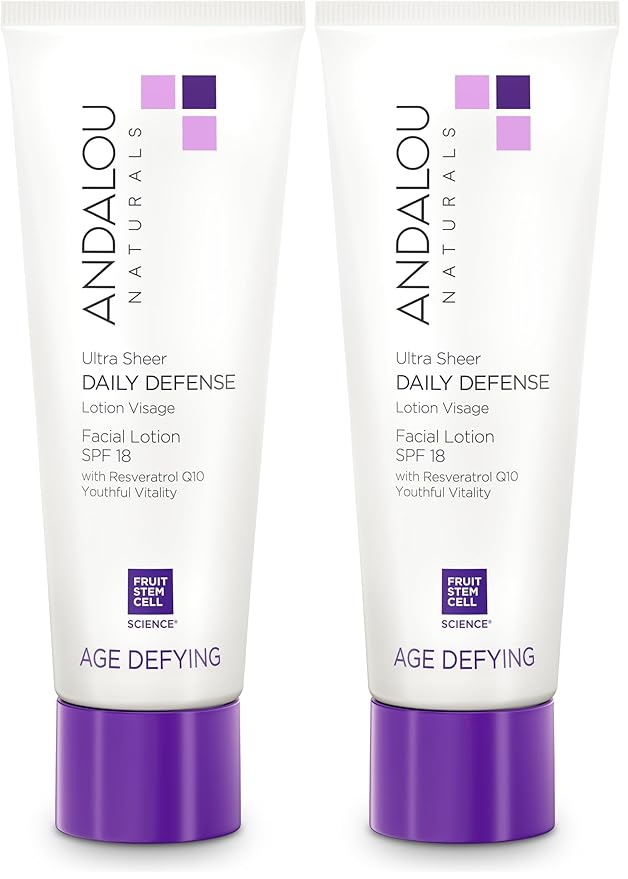Andalou Naturals Age Defying Ultra Sheer Daily Defense Facial Lotion SPF 18 - Lightweight Sunscreen Moisturizer for Face - With Resveratrol CoQ10 - For All Skin Types - 2.7 oz,(Pack of 2)