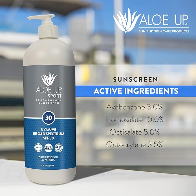 Aloe Up Sport Sunscreen Body Lotion SPF 30 – Broad Spectrum Sunblock with Hydrating Aloe Vera Gel–Non Greasy, No White Cast, Reef Friendly, Water Resistant for up to 80 Minutes,Fragrance Free – 32 Oz