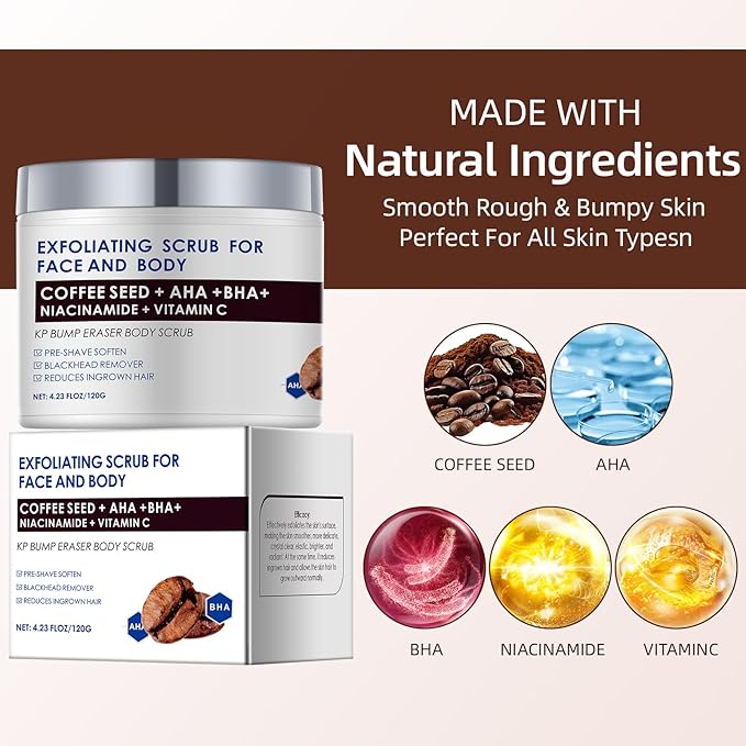 KP Bump Eraser Body Scrub with 10% AHA BHA Ingrown Hair Keratosis Pilaris Razor Bump Treatment Exfoliating Body Scrub Exfoliant Face Scrubs for Strawberry Leg Pre-shaven Blackhead 4.23OZ