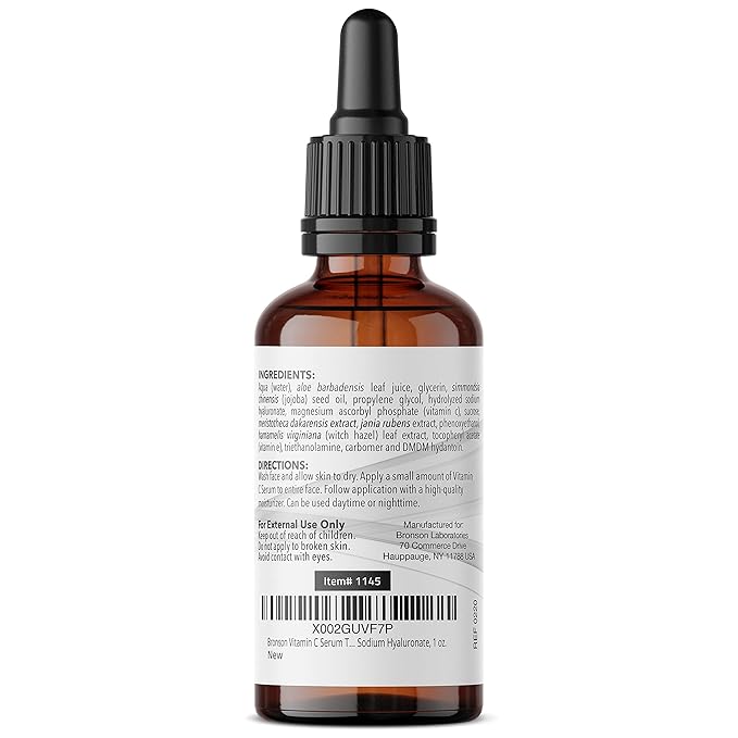 Bronson Vitamin C Serum for Face, Anti Aging Facial Serum with Premium Hyaluronic Acid, Vitamin E, Aloe & Jojoba, Hydrating & Brightening Serum for Dark Spots, Fine Lines and Wrinkles 1 oz.