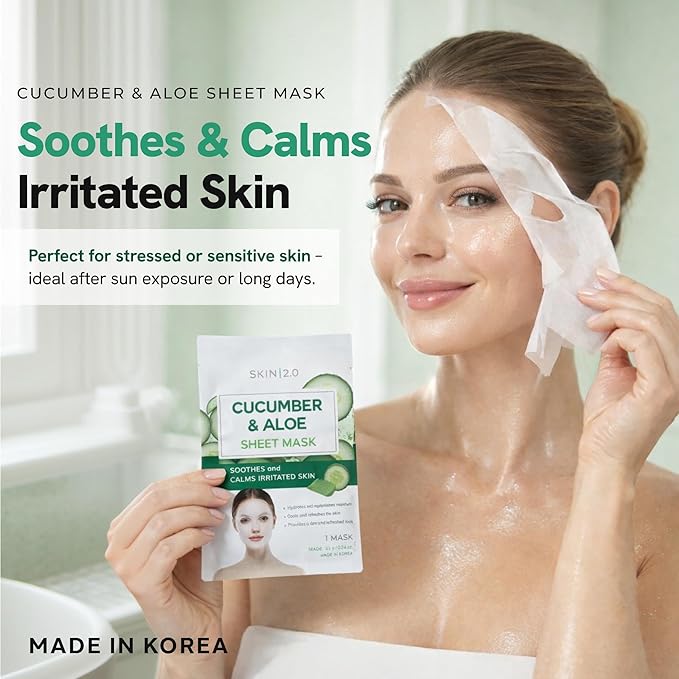 Skin 2.0 Cucumber & Aloe Face Mask – Dermatologist Tested, Anti Aging, Korean Skin Care – Hydrating, Moisturizing, Cooling & Calming For Sensitive, Supple Skin – Vegan, Clean Beauty – 5 Count