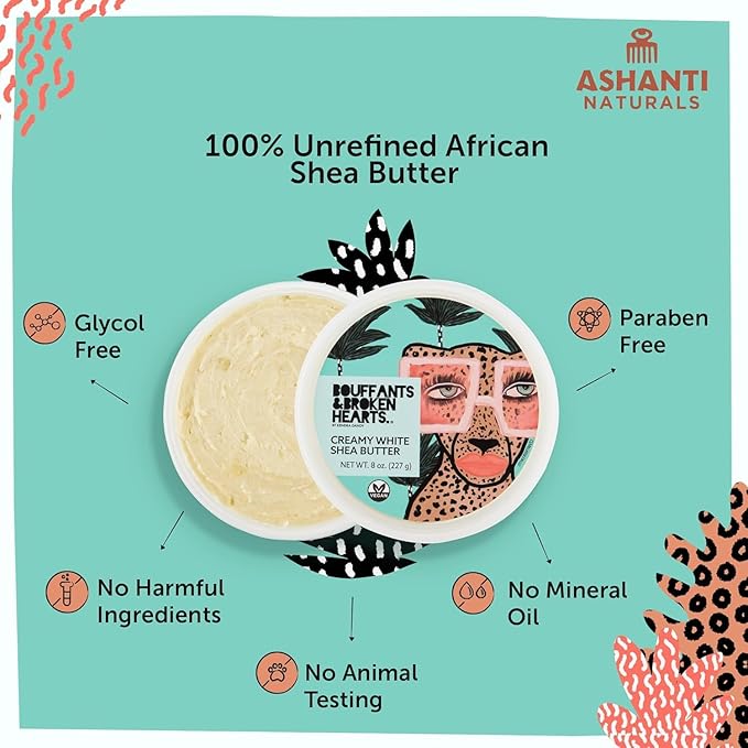 Ashanti Naturals Creamy Shea Butter Body Butter | Grade A, 100% Natural Raw Shea Butter for Dry Skin, Face and Hair (White, 8oz)