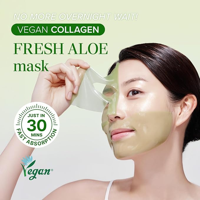 Mary&May Vegan Collagen Fresh Aloe Mask - Face Sheet Hydrogel Mask - Low Molecular Collagen, Houttuynia Cordata, Centella - Cooling, Soothing, Firming Korean Skincare for Sensitive Skin, 4 Sheets