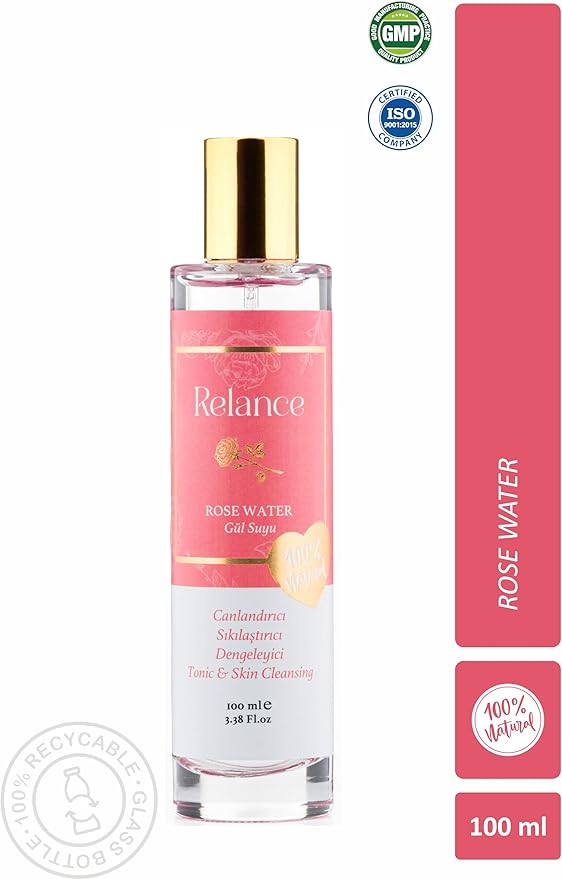 Relance Rose Water Tonic, Natural Skin Cleansing Solution, Pink, 100ml/3.38 Fl.oz, GMP Certified