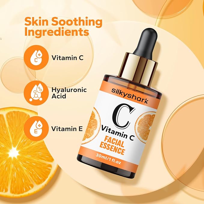SilkyShark Vitamin C Serum (1 Fl, Oz), Antiaging Facial Essence & Eye Serum with Vitamin C, Hyaluronic Acid, Vitamin E Serums, Radiance Serums, Boosts Skin Collagen