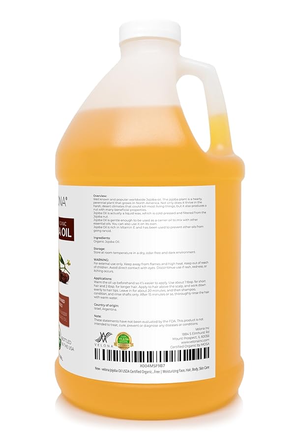 velona Jojoba Oil USDA Certified Organic - 1 Gallon / 128 Fl Oz | 100% Pure and Natural | Golden, Unrefined, Cold Pressed, Hexane Free | Moisturizing Face, Hair, Body, Skin Care