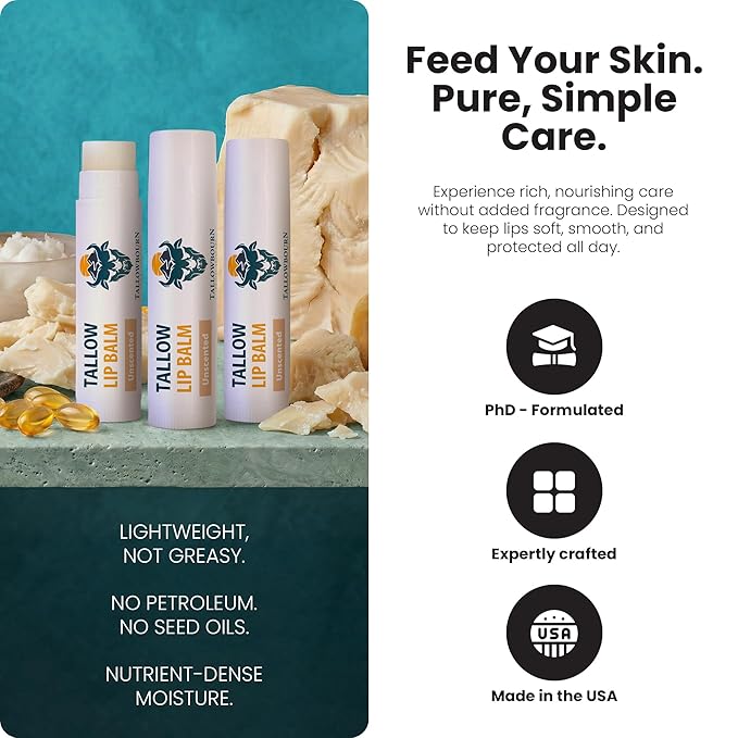 Moisturizing Tallow Lip Balm – Grass-Fed Beef Tallow with Organic Coconut Oil, Beeswax, and Vitamin E – Unscented Lip Balm Set – Travel Essential - 3-Pack