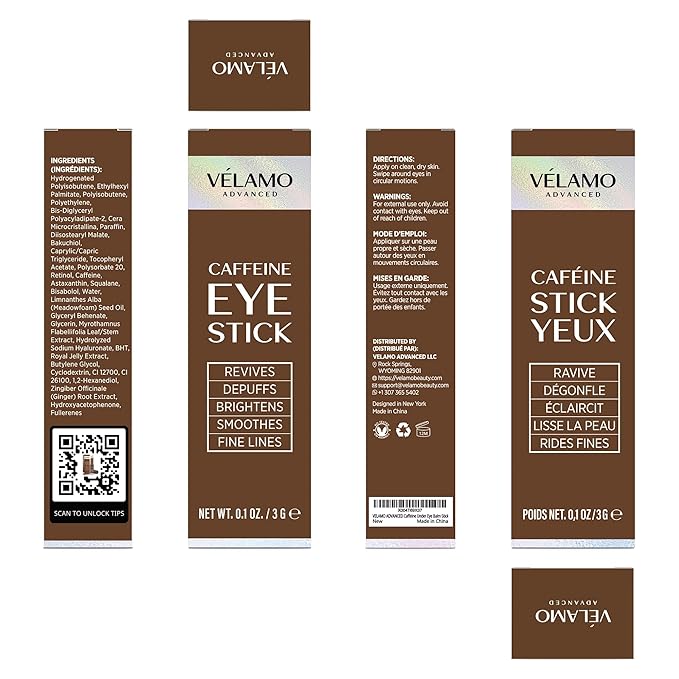 VELAMO ADVANCED Caffeine Eye Stick: Energizing & Hydrating Under Eye Balm for Dark Circles & Puffiness - Travel Essentials, Portable & Perfect for On-the-go Use, 0.1 OZ/3g 2 Pcs