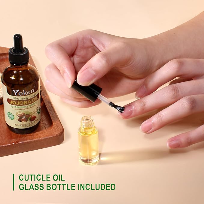 Yoken 4oz Jojoba Oil (EWG Verified) 100% Pure Cold Pressed Jojoba Oil for Face, Hair, Nails and Skin, Unrefined & Hexane Free, Natural Body Facial Moisturizer Multi-purpose oil Base Carrier Oil
