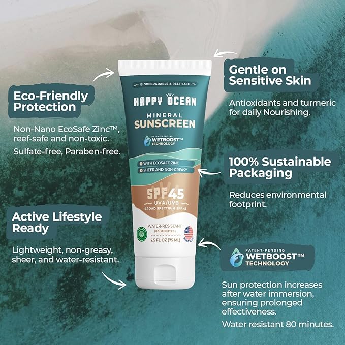 Happy Ocean Reef Safe Sunscreen SPF 45 – Biodegradable Mineral Zinc Oxide Lotion, Water Resistant, Travel Size 2.5 oz, Face & Body