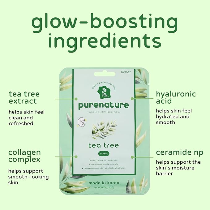 PB & JAY Purenature Facial Mask – Premium Quality Korean Sheet Mask for Oily & Blemish-Prone Skin – Korean Collagen Essence Clarifying Facemask Sheet (Tea Tree)