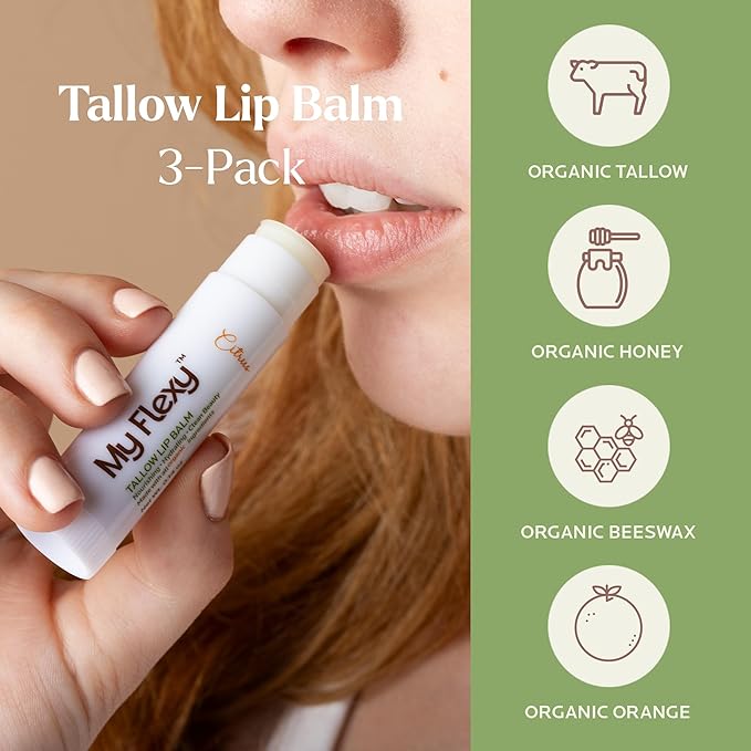 100% Organic Lip Balm Hydrating, Grass-Fed Beef Tallow Lip Balm, Made with Pasture Raised Tallow, Honey, Beeswax, & Orange Essential Oil, Lip Balms & Moisturizers - Bulk Pack of 3