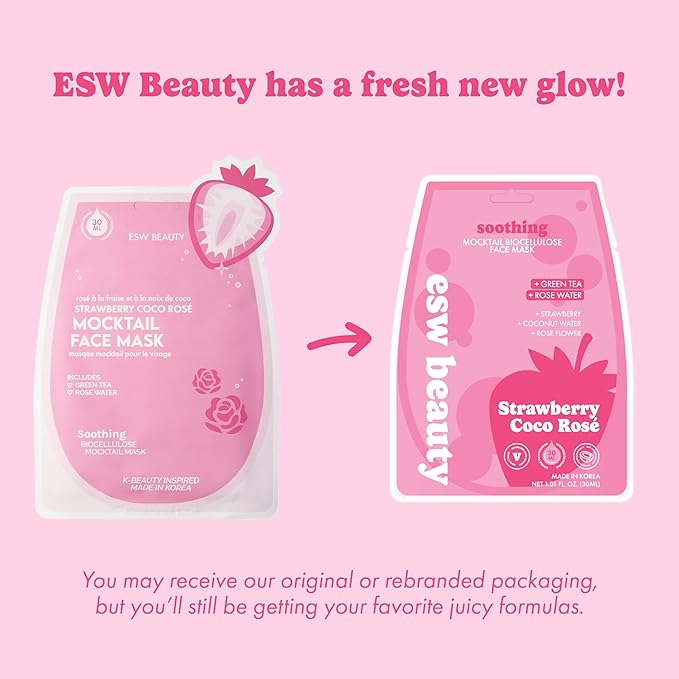 ESW Beauty Strawberry Coco Rosé Soothing Face Mask - Hydrating, Calming, Vegan Face Mask with Coconut Water, Green Tea, & Strawberry Extract for Sensitive Skin
