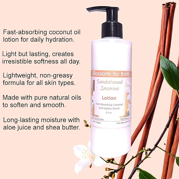 Sandalwood Jasmine Lotion (8 Ounce) - Natural Fragrance - Absorbs Quickly with a Stirring Earthy Floral Scent