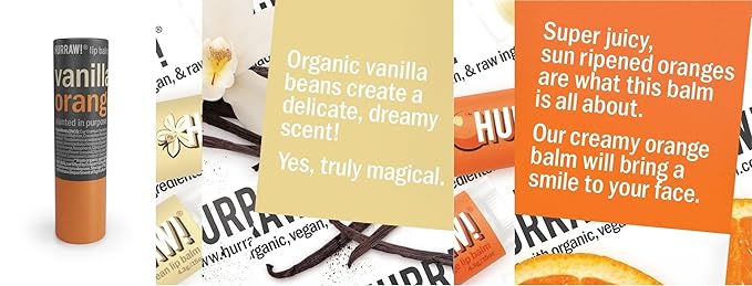 Hurraw! Vanilla & Orange Lip Balm: Plastic-Free with new cardboard push-up tube. Certified Organic, 100% Natural Origin, Vegan, and Cruelty Free. Gluten Free. Bee, Shea, Soy and Palm Free. Made in USA