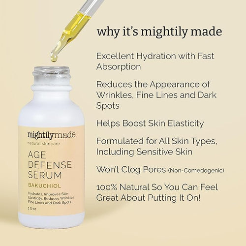 Age Defense Face Serum with Bakuchiol (Retinol Alternative), 100% Natural Oils, Anti-Aging, Reduce Wrinkles, Fine Lines, Dark Spots, and Tighten Skin,1 fl oz