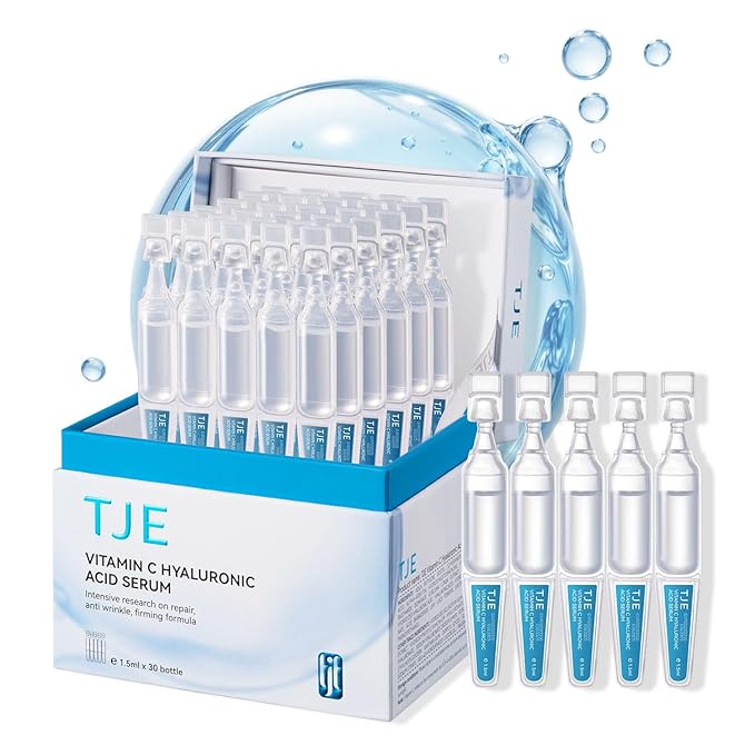Vitamin C Hyaluronic Acid Serum for Face, Hydrating Facial Serum with 30 Single Use Vials, Lightweight Fast Absorbing Moisture Care for Dry Skin, Pre Makeup Skincare