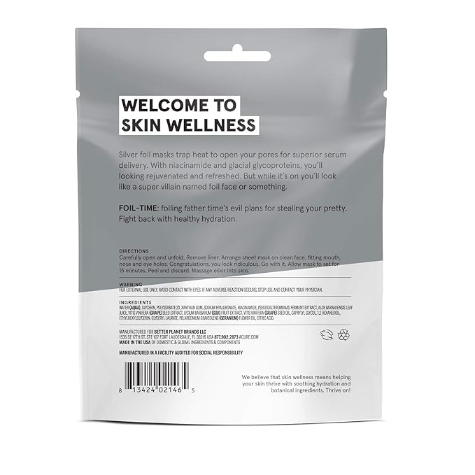 Acure Foil-Time Fortifying Silver Mask | 100% Vegan | Traps Heat to Open Pores For Superior Serum Delivery | Niacinamide & Glacial Glycoproteins - For Rejuvenated & Refreshed Apprearance | 1 Count