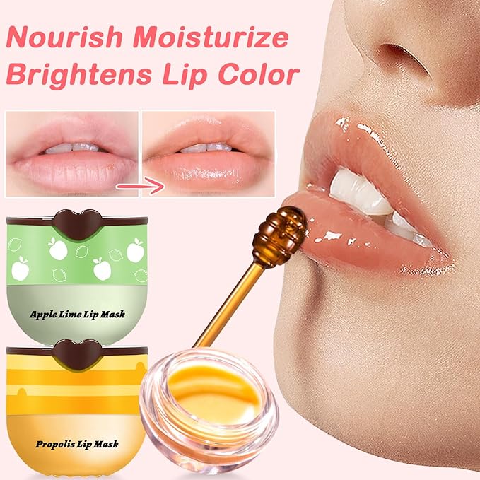 4 Pcs Bee Lip Balm Honey Pot Lip Mask & Lip Scrub Set, Honey Strawberry Watermelon Apple Lime Lip Mask Overnight, Moisturizing Sleeping Lip Mask, Hydrate Repair Prevent Dry Cracked Lip Care