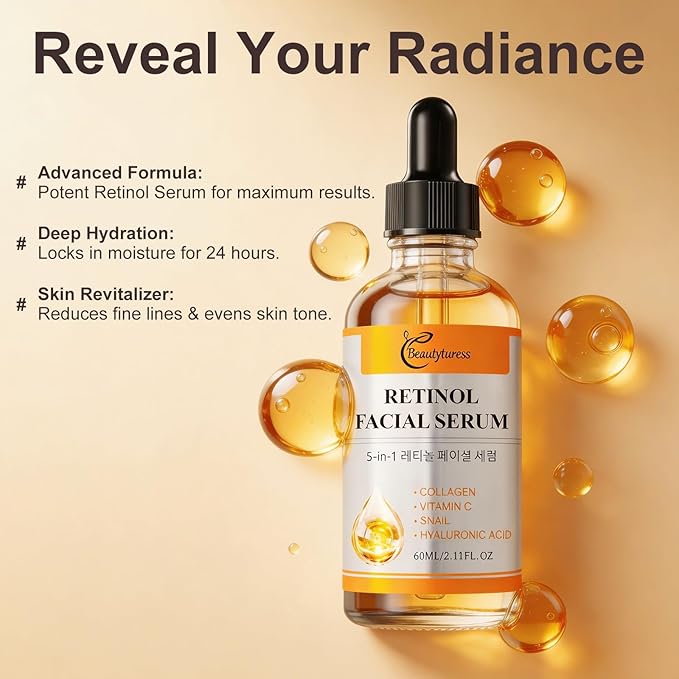 Collagen Facial Serum with Retinol, Vitamin C, Snail Mucin & Hyaluronic Acid-2 fl.oz-Age-Defying & Balancing Essence - Deeply Hydrating & Enhancing Formula - Daily Skin Care for a Supple, Radiant Look
