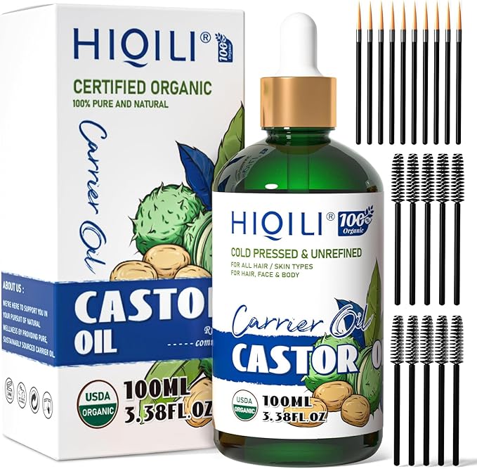 HIQILI Castor Oil Organic Cold Pressed Unrefined Glass Bottle, USDA Certified Organic, Hexane Free - Premium Grade Oil for Face, Hair Growth, Eyelash -3.38 Fl Oz