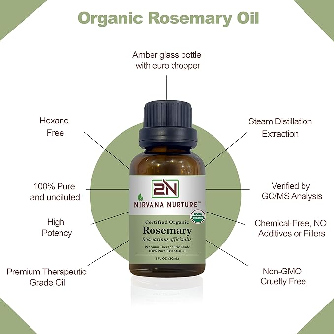 Rosemary Essential Oil, USDA Certified Organic, 100% Pure Undiluted, Aromatherapy Oil for Diffuser, Hair & Skin Care