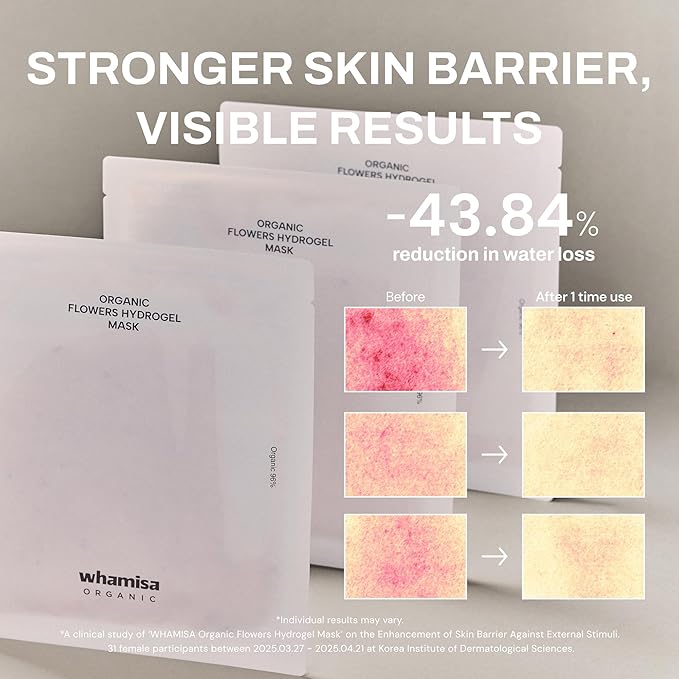 Whamisa Organic Flowers Hydrogel Facial Sheet Mask, Hydration, Deep Moisture, Skin Care, Skin Barrier Care, Blemish-Prone Skin Care, Smoothing Effect, Fermentation, Korean Skin Care (5 PCS/Pack)