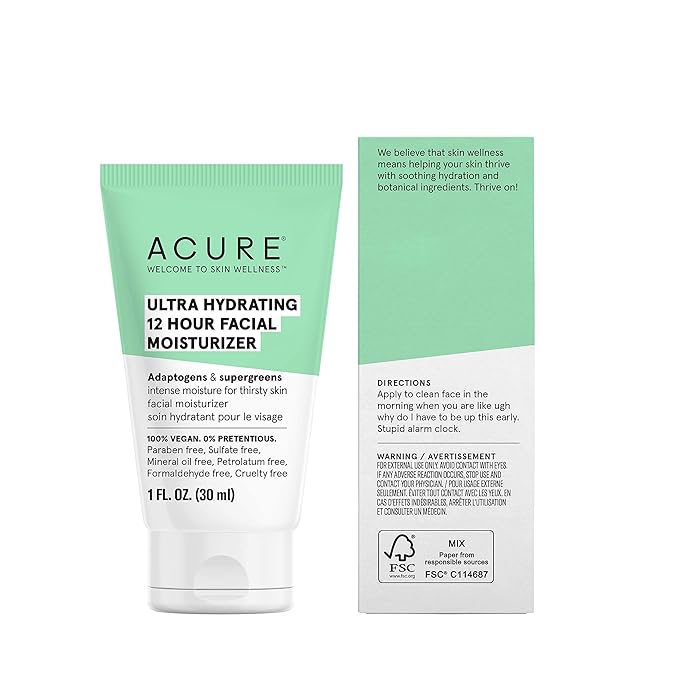 Acure Ultra Hydrating 12 Hour Facial Cream - Intense Face Moisturizer for Women & Men, Hydrating Lotion to Tone & Replenish Dry Skin with Ashwagandha, Holy Basil & Antioxidants, Vegan - 1.7 fl oz