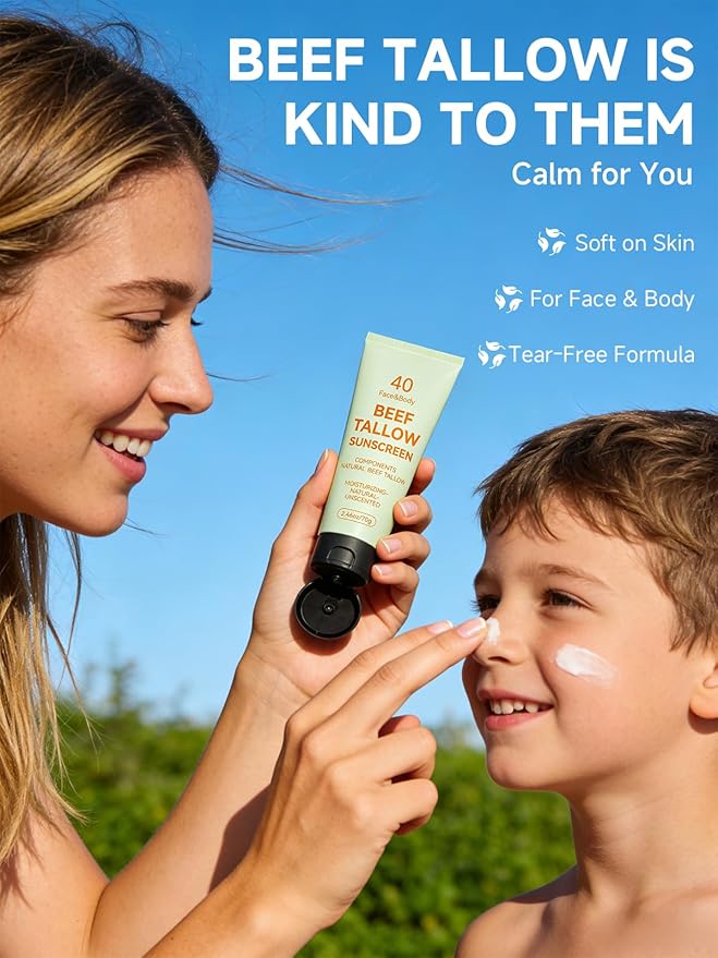 Tallow Sunscreen, Sunscreen for Face, Beef Tallow for Skin, Reef Safe Travel Sunblock Grass-Fed Natural for All Skin Type Deep Hydration Moisturizing Non Greasy Anti White Cast, 4 Packs